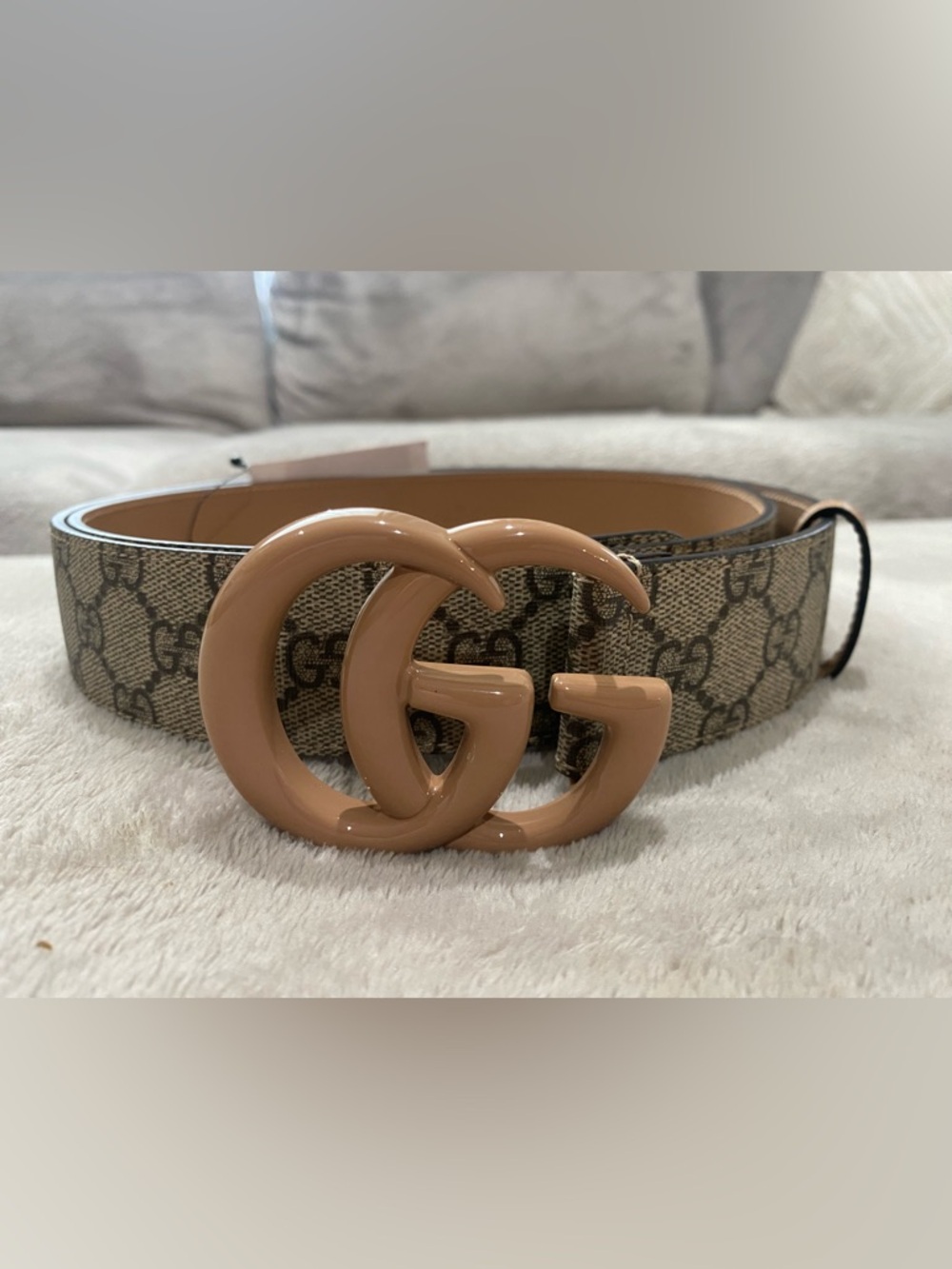 Gucci Beige Patent GG Buckle Monogram Canvas Belt